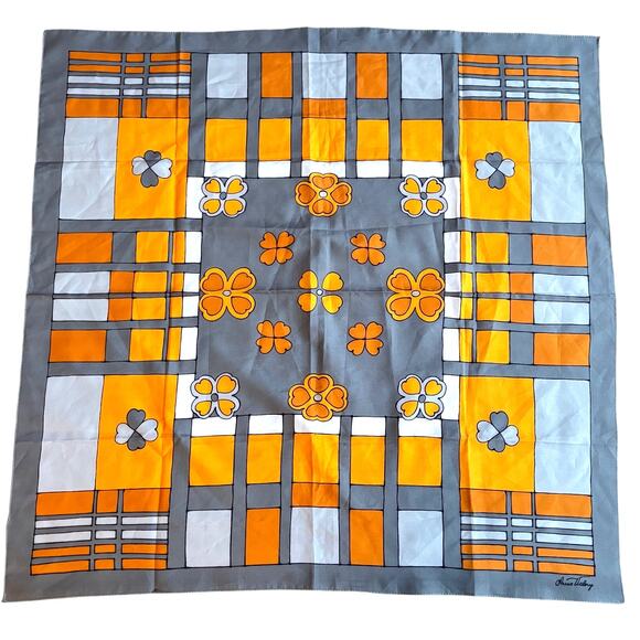 Anne Valery silky scarf mod 1970's orange blue & gray 30" square flower power - Picture 1 of 6